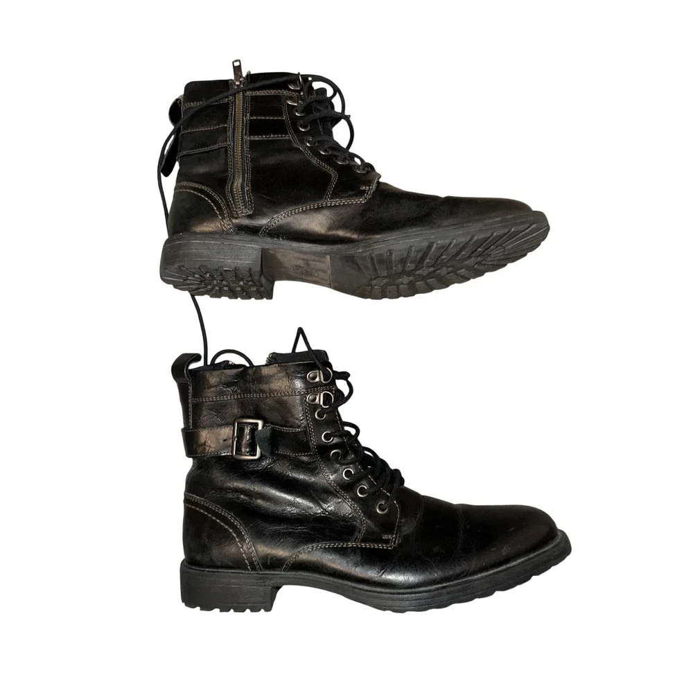 Aston‎ Grey Rockcastle 2 Mens 9 Black Leather Combat Boots Side Zip Buckle Lug